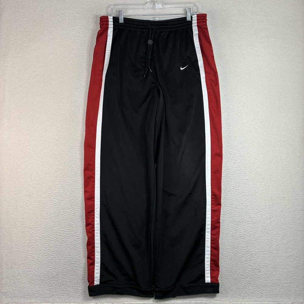 Y2K Nike Baggy Track Pants Men M Black Red Silky Drawstring Sweatpants Vintage